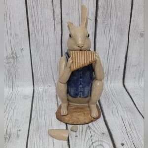 Vintage Rabbit Playing a Pan Flute Figurine / Asian Pottery